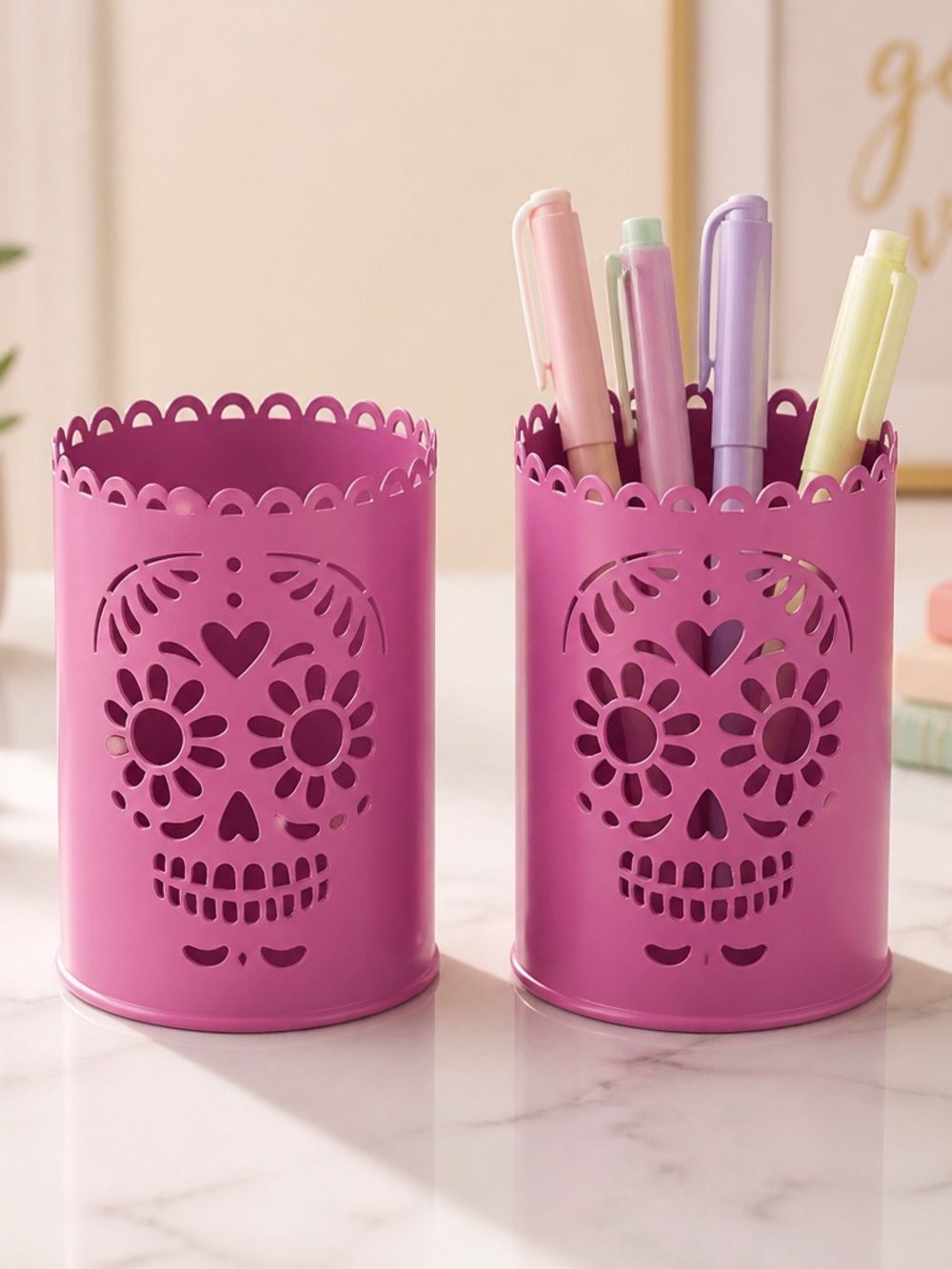 Pink Decorative Skull Pencil Cup - Stylish Desk Organizer